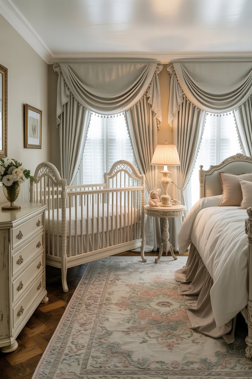 Luxurious traditional nursery corner featuring ivory crib, elaborate swag curtains, ornate furniture, and classic Persian rug in formal bedroom