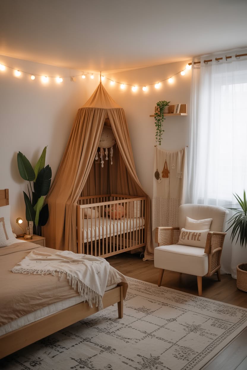 Cozy boho nursery corner with warm string lights, flowing canopy over wooden crib, woven chair, and natural textiles in parents bedroom