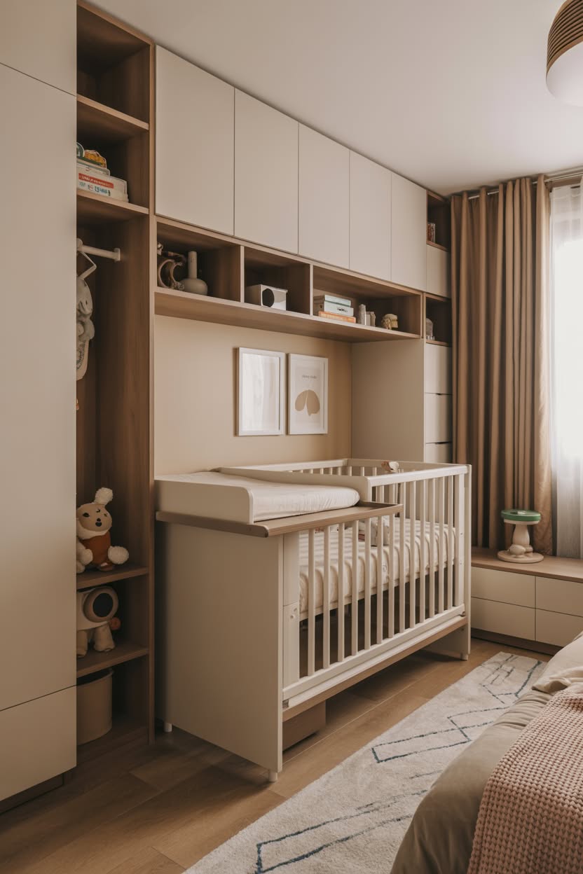 Efficient built-in nursery corner with floor-to-ceiling storage cabinets, integrated crib space, and neutral wood tones in compact bedroom