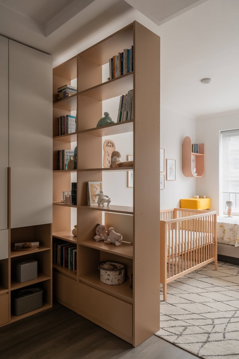 Innovative nursery separation using tall wooden bookshelf as room divider, creating defined baby zone with natural wood crib and modern decor