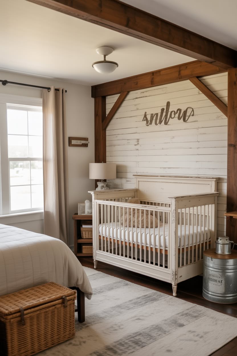 Charming farmhouse nursery corner with exposed wood beams, white shiplap accent wall, distressed crib, and rustic welcome sign
