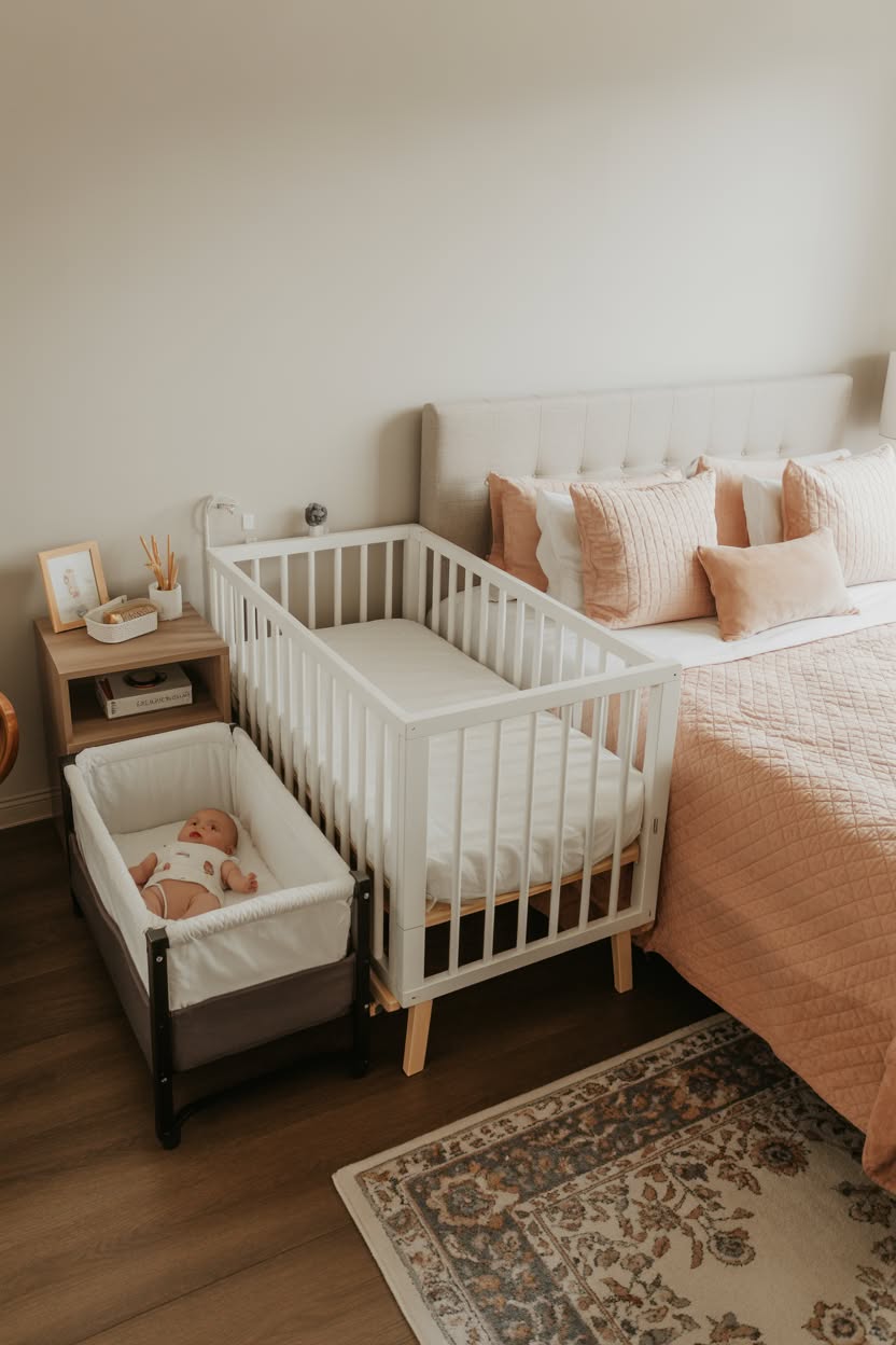 Peaceful co-sleeping setup with white crib positioned as sidecar to parents bed, featuring soft peach accents and minimalist decor