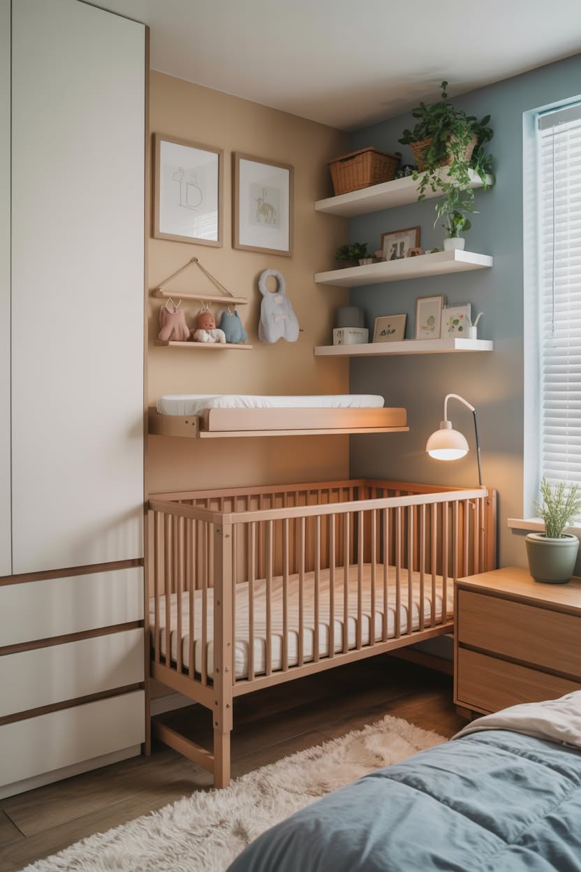 Sophisticated nursery corner featuring cane-backed room divider, natural wood crib with canopy, wingback chair, and classic panel molding