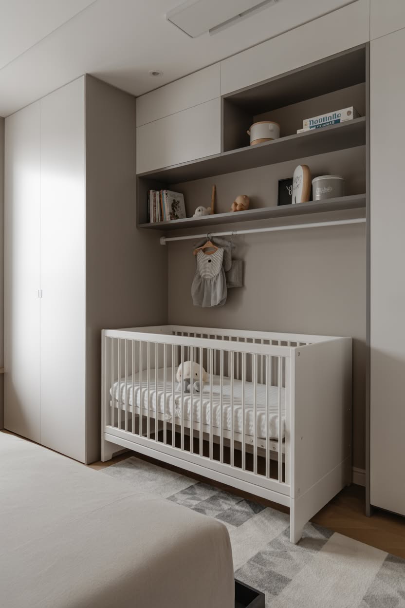 Clean integrated nursery corner with crib tucked into closet alcove, overhead storage, and seamless built-in cabinetry in modern bedroom