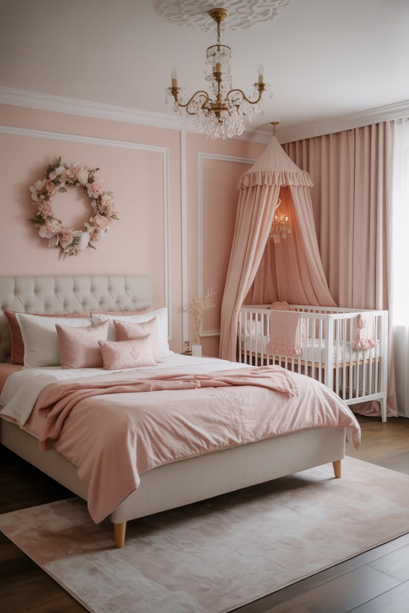 Elegant pink nursery corner with flowing canopy over white crib, crystal chandelier, and romantic floral wreath in parents bedroom