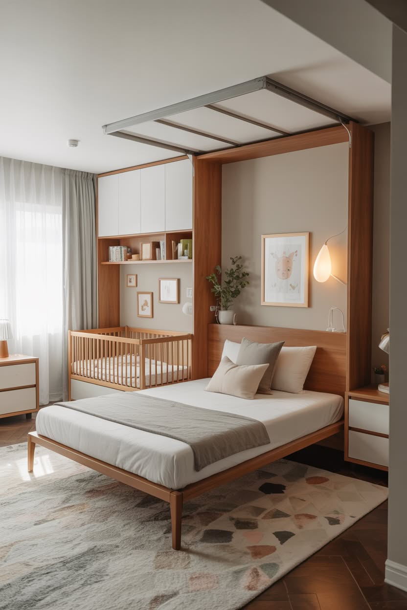 Innovative space-saving nursery with murphy bed frame incorporating wooden crib, built-in storage, and modern neutral design