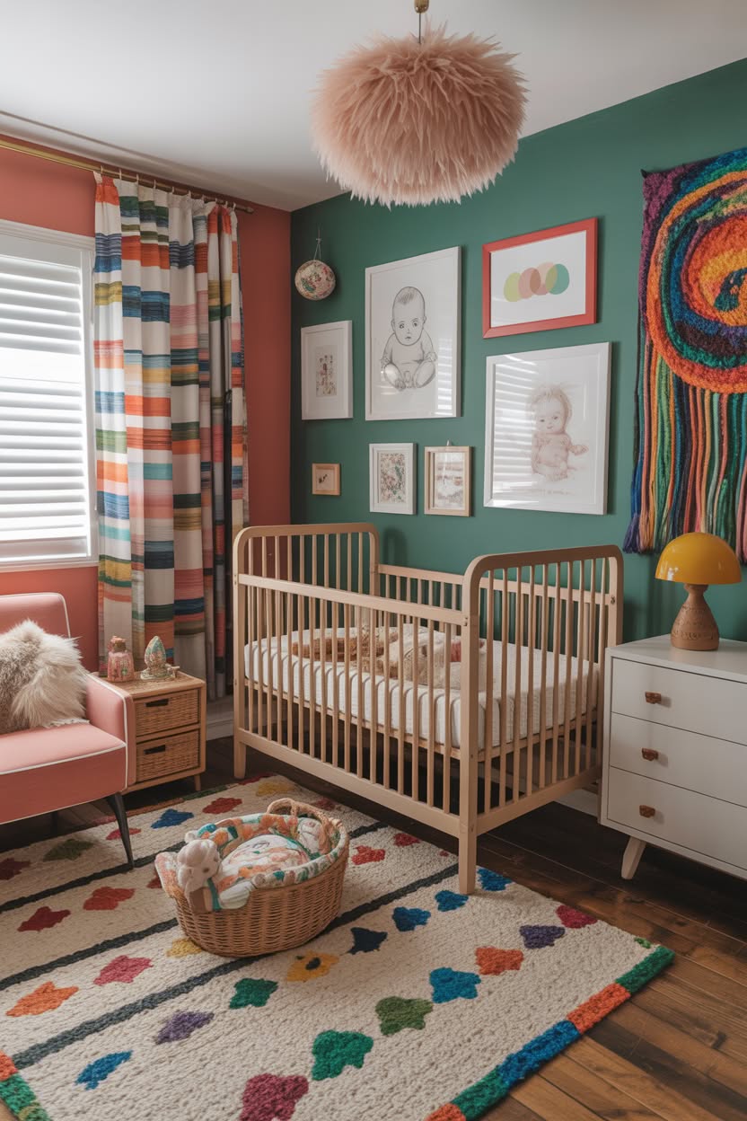 Colorful bohemian nursery corner featuring emerald green and coral walls, natural wood crib, and eclectic gallery wall with rainbow macrame
