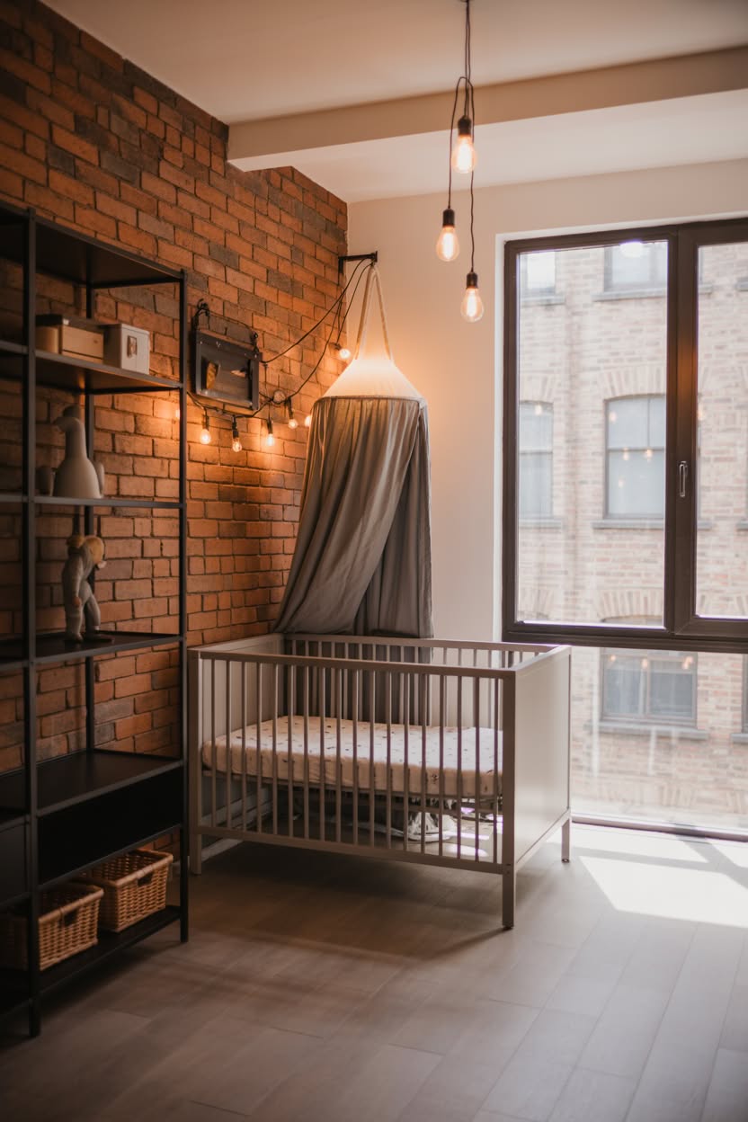Urban industrial nursery nook with exposed brick wall, black metal shelving, gray crib, and modern pendant lighting in loft-style bedroom