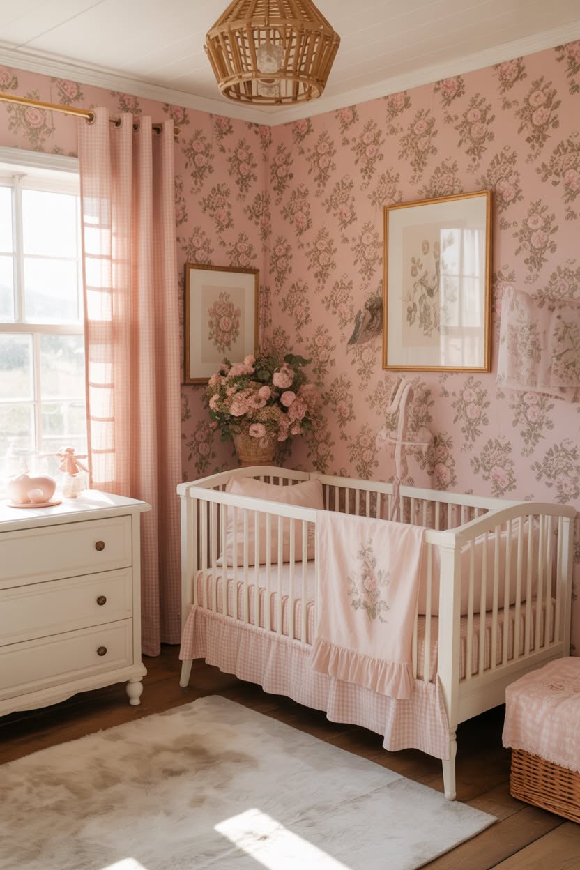 pink floral wallpaper nursery with white crib and woven basket pendant light