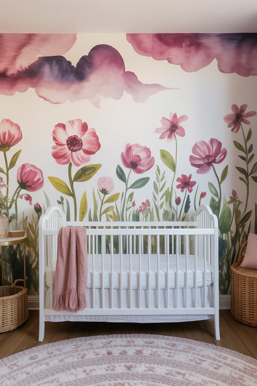 farmhouse nursery with pink shiplap accent wall white crib and darling script sign