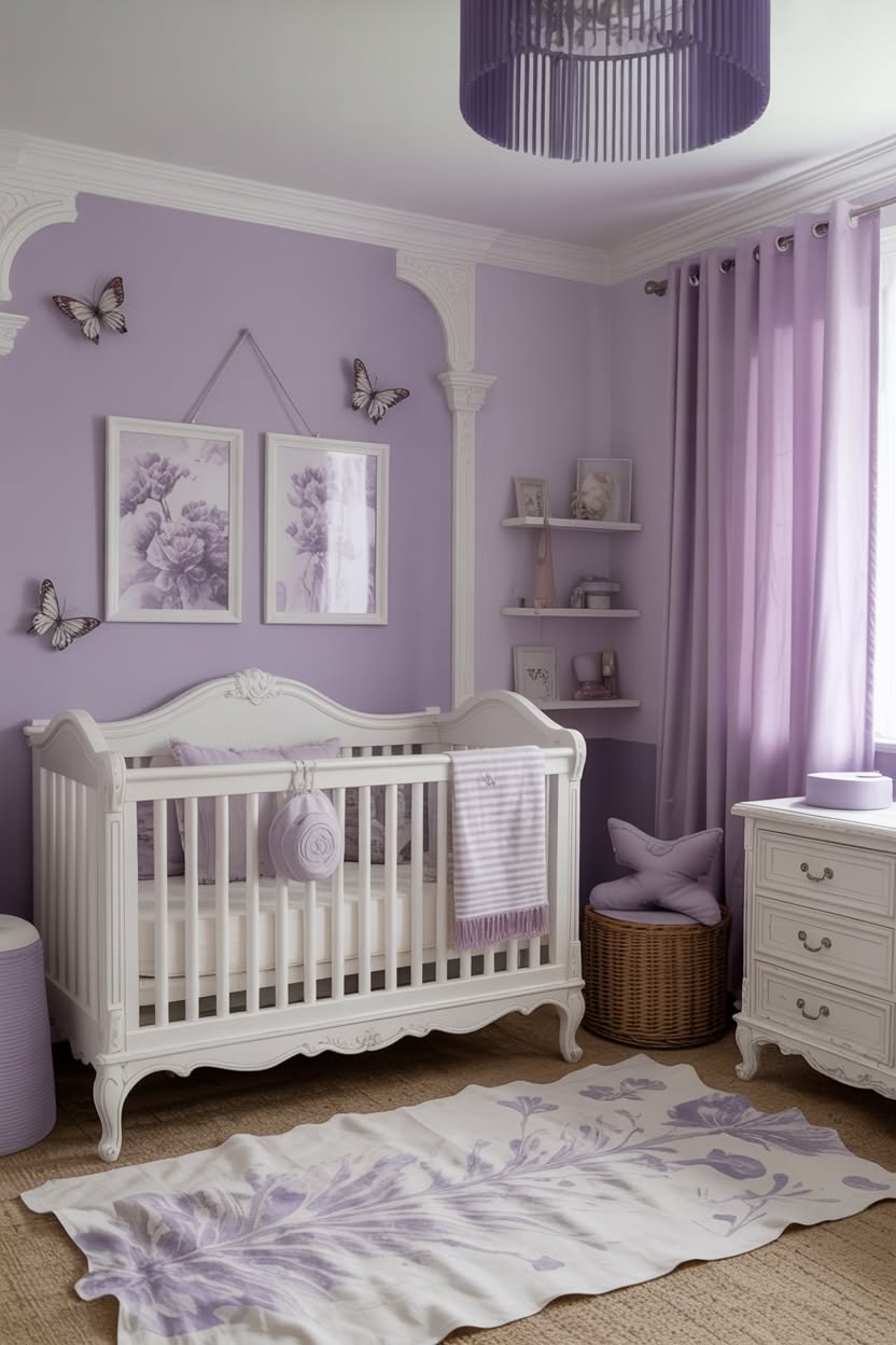 lavender purple nursery with butterfly art white ornate crib and purple chandelier