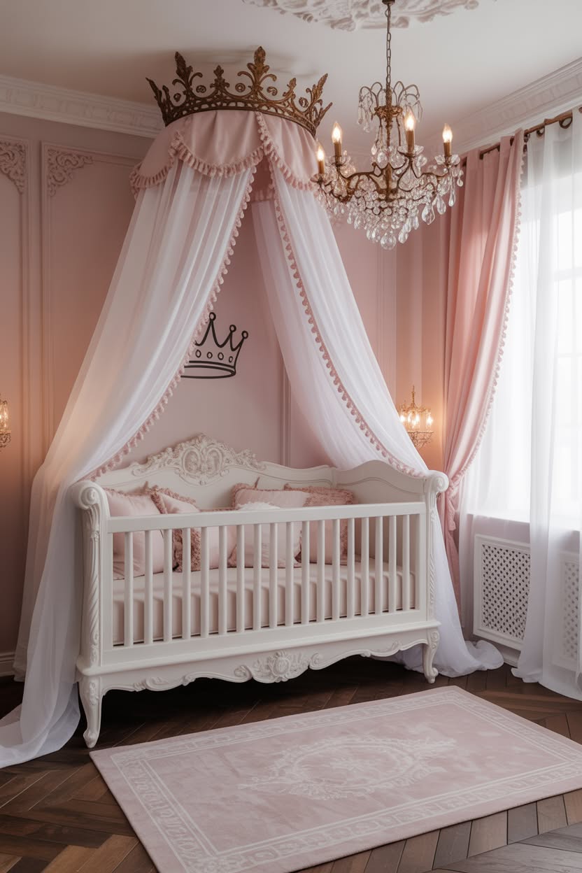 luxurious pink nursery with ornate crown canopy crystal chandelier and white carved crib