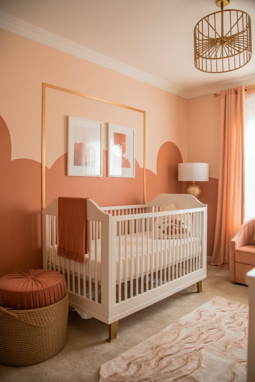 modern terracotta nursery with geometric wall paint gold frame and white crib