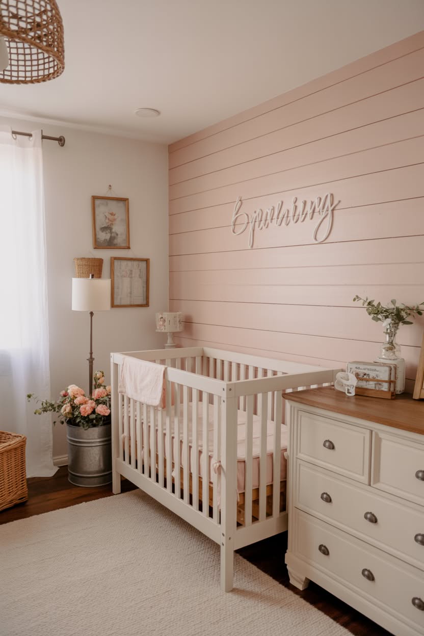 modern color blocked nursery with pink and gray geometric walls white crib and chevron rug