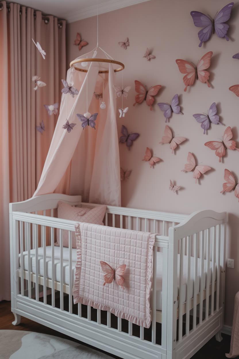 bright coral and mint nursery with color blocked walls white crib and playful typography art