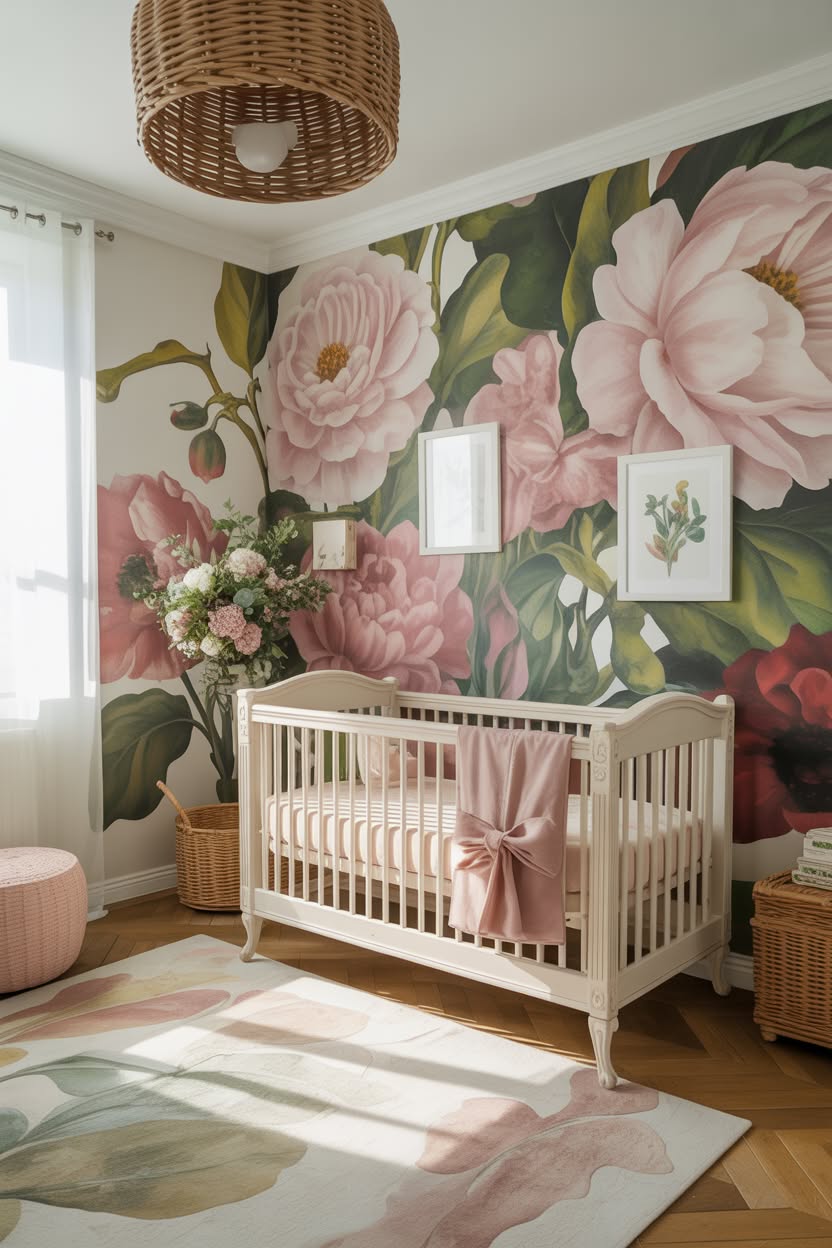 bohemian nursery with macrame wall hanging natural rattan crib and pampas grass
