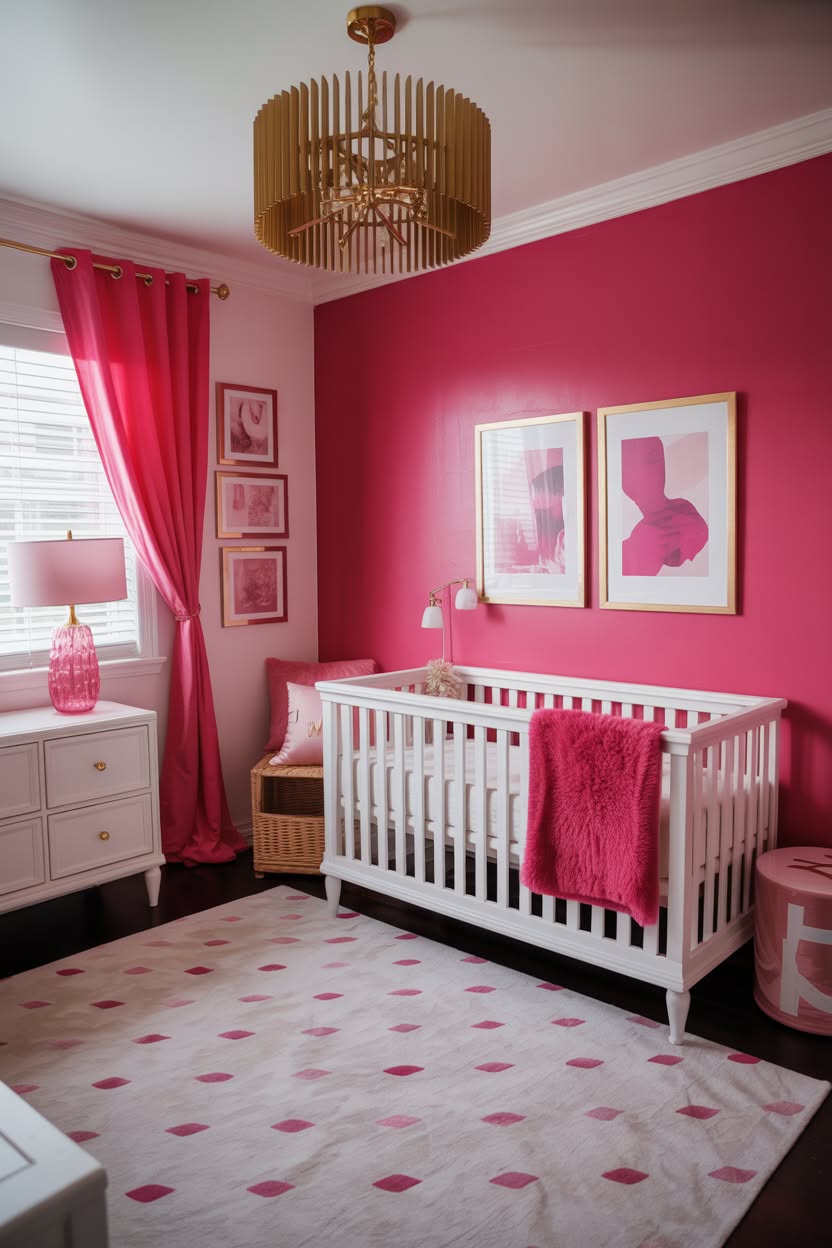vibrant hot pink accent wall nursery with white crib and gold chandelier