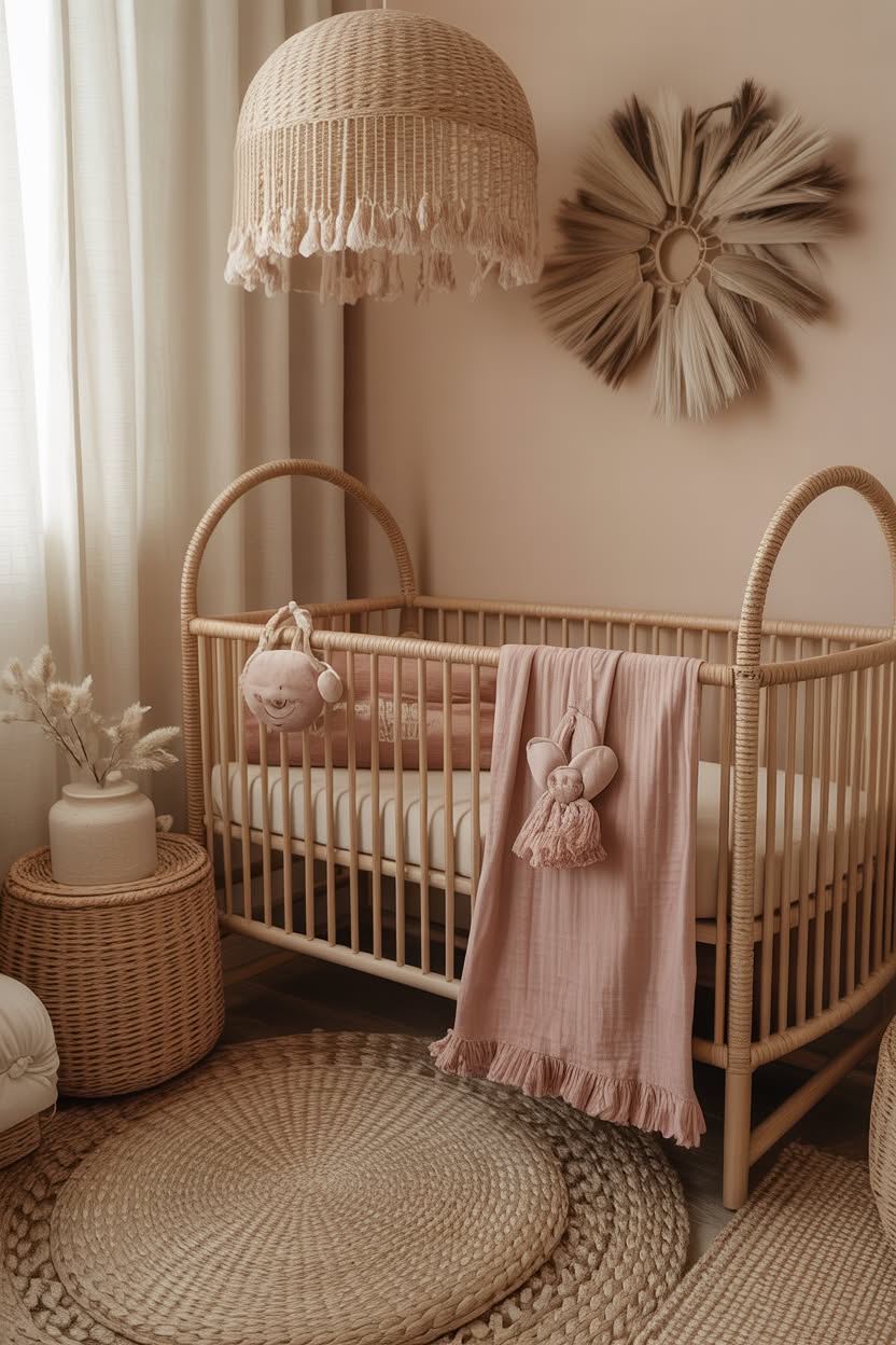 natural rattan crib with boho macrame pendant light and neutral beige walls