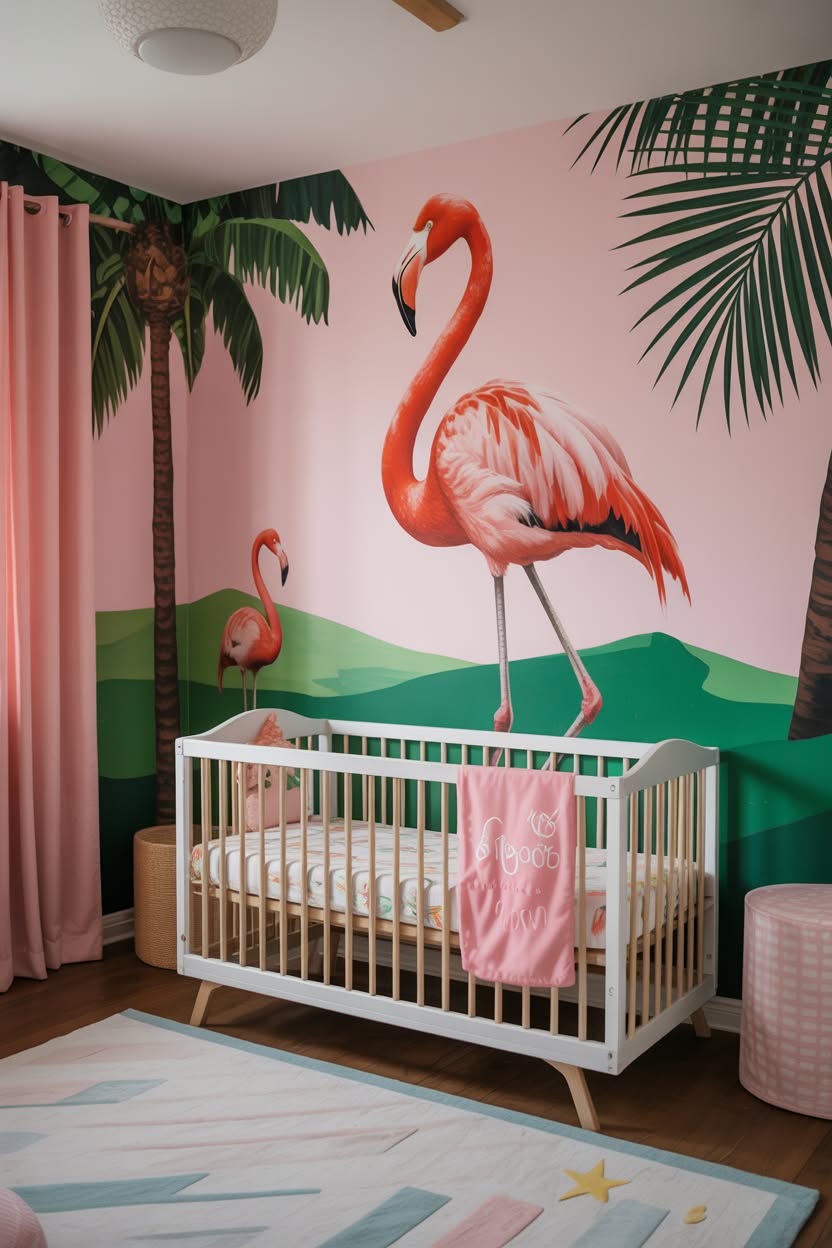 tropical nursery with large flamingo mural palm trees and white crib