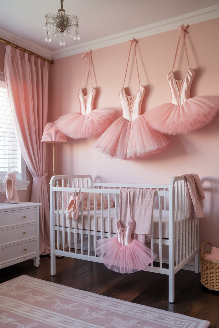 pink nursery with hanging ballet tutus and white metal crib