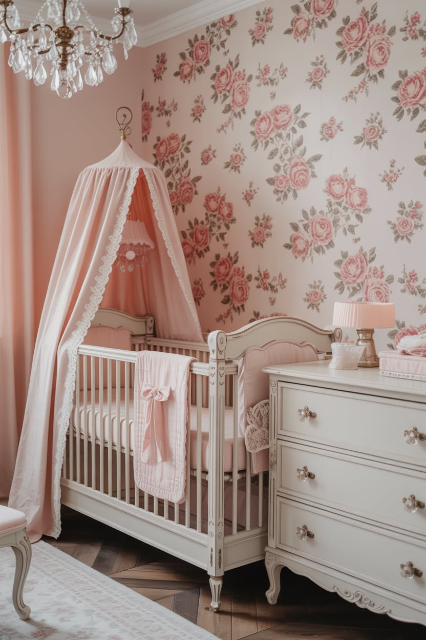 shabby chic nursery with rose wallpaper white vintage crib and lace canopy