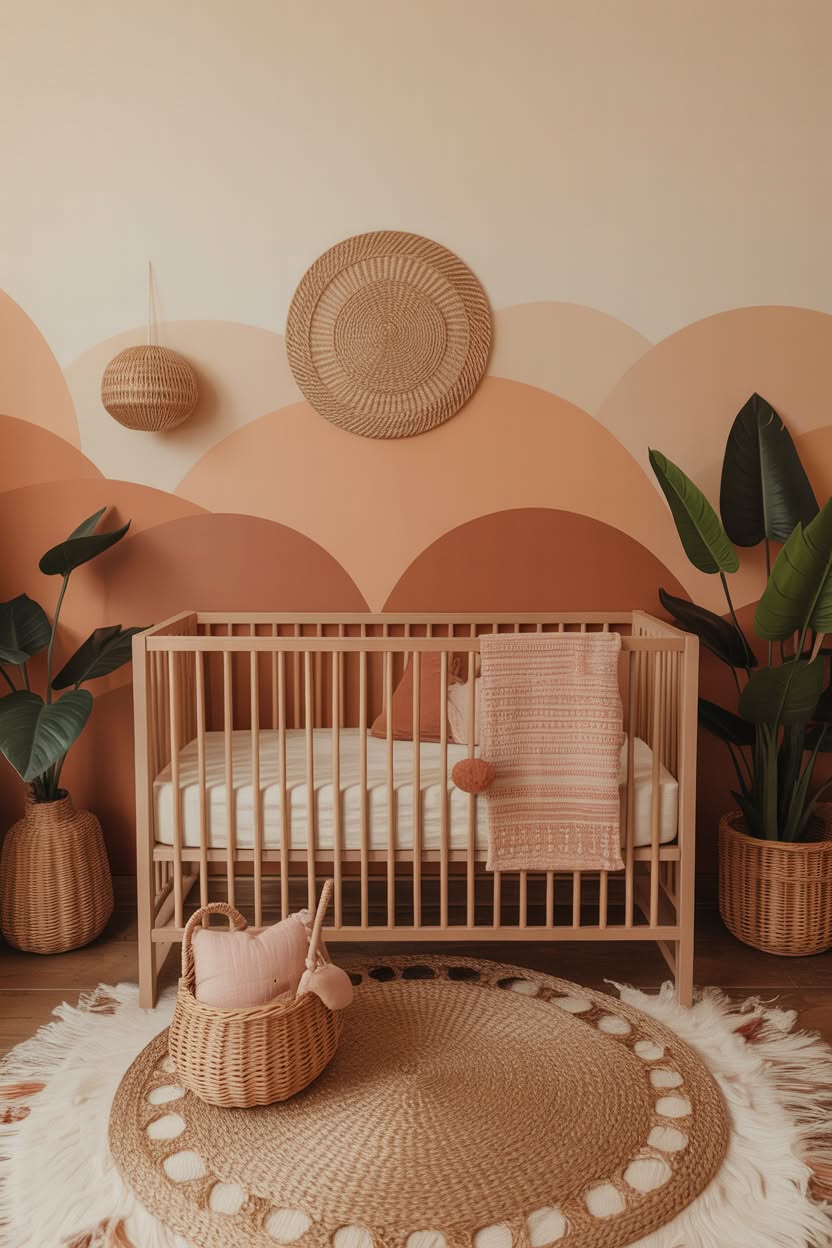 Boho terracotta nursery with natural wood crib, woven basket decor, and sunset-toned painted wall mural