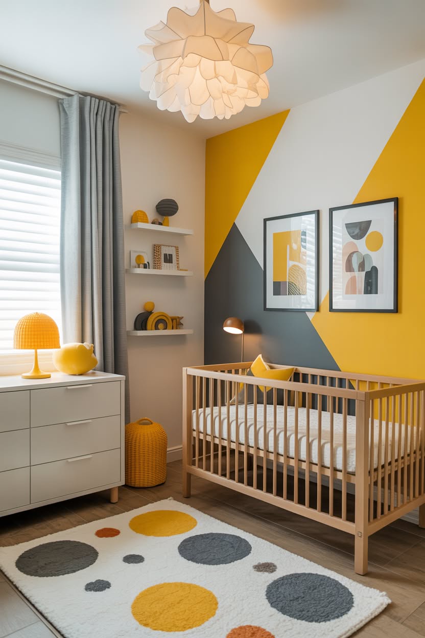 Sage green nursery with botanical gallery wall, gold frame accents, and elegant white crib