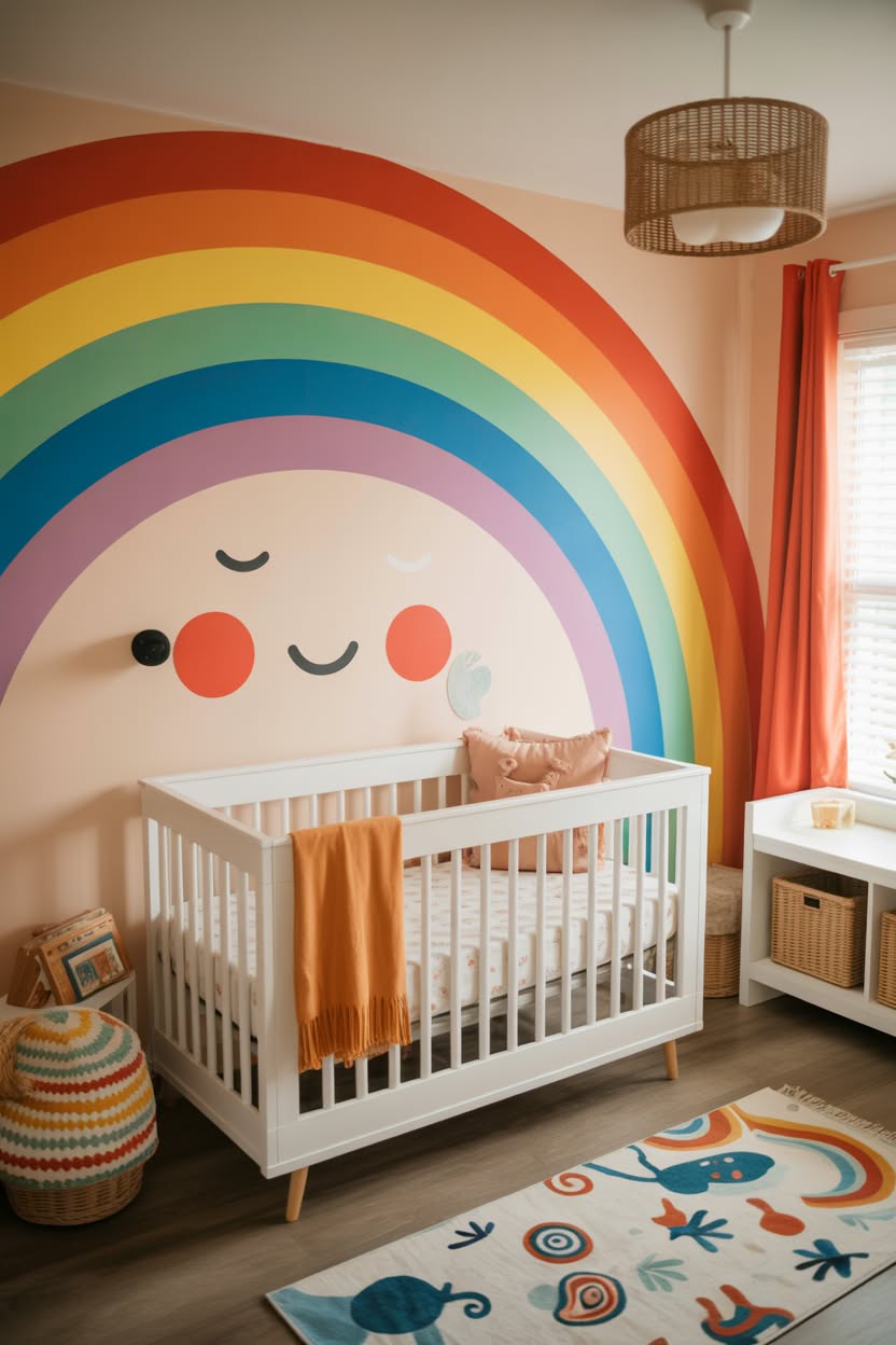 Rustic farmhouse nursery with exposed wood beams, sliding barn door, and vintage-inspired decor