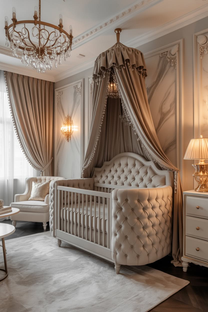 Scandinavian nursery with natural wood crib, white wall shelving, and woven basket organization