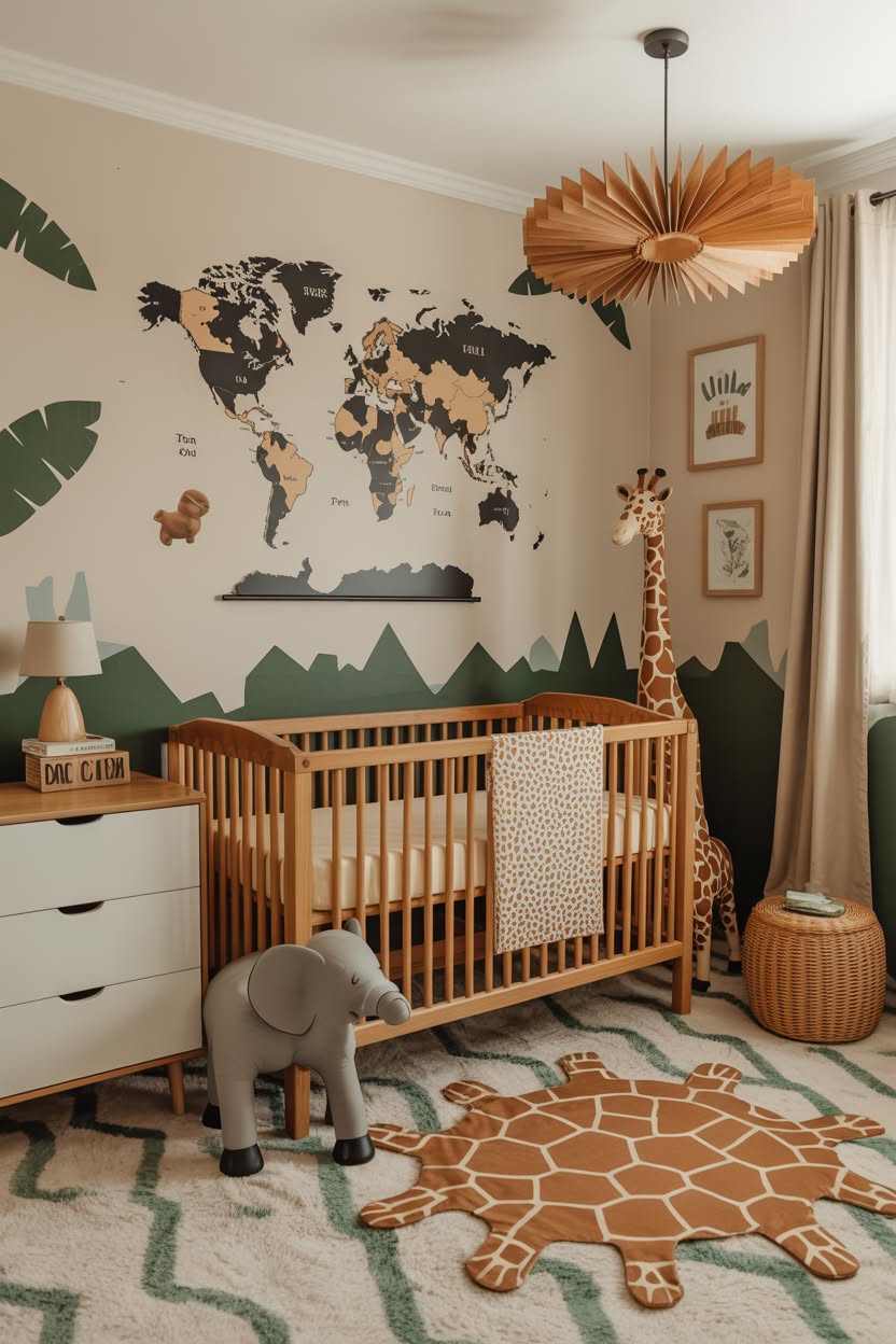 Cloud themed nursery with sky blue walls, white cloud decals, and star mobile hanging above crib
