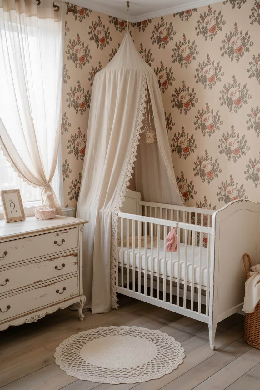 Modern black and white nursery with geometric wall art, black crib, and high-contrast striped rug