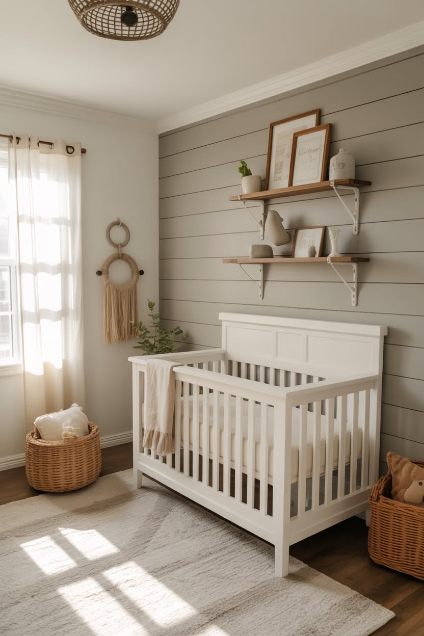 Cottage style nursery with vintage floral wallpaper, flowing white canopy, and distressed furniture