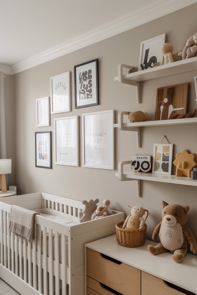 Modern neutral nursery featuring white crib, gallery wall with framed prints, and wooden floating shelves