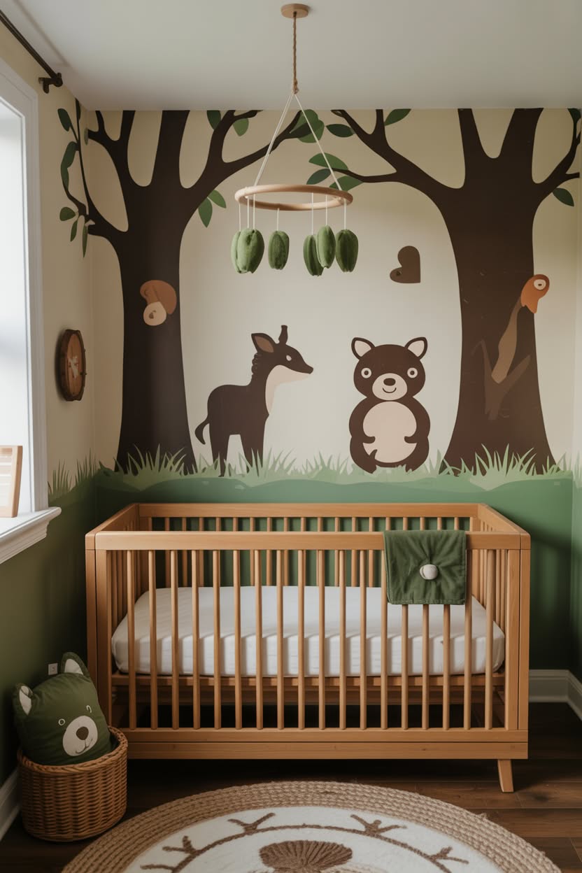 Farmhouse nursery with sage green shiplap wall, white crib, and natural wood floating shelves
