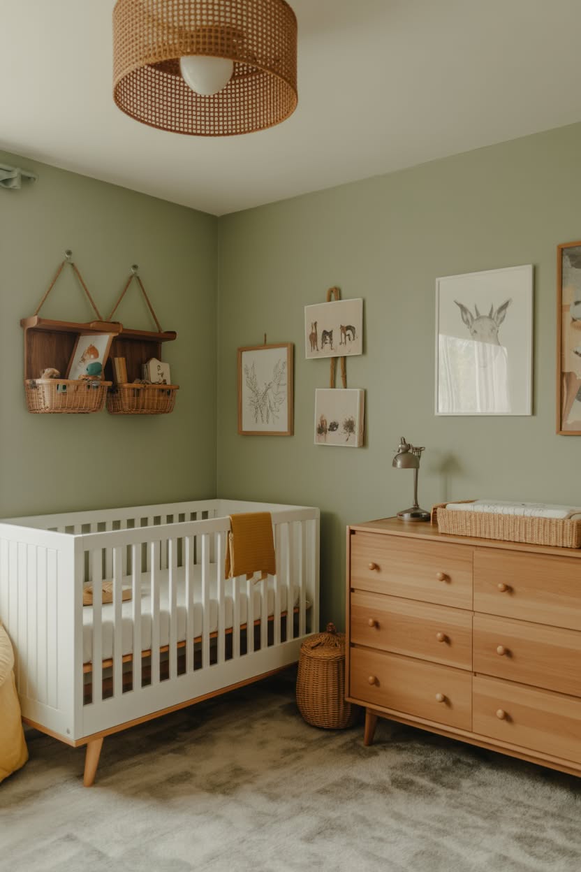 Nautical nursery with bold navy and white striped walls, anchor artwork, and rope decorative elements
