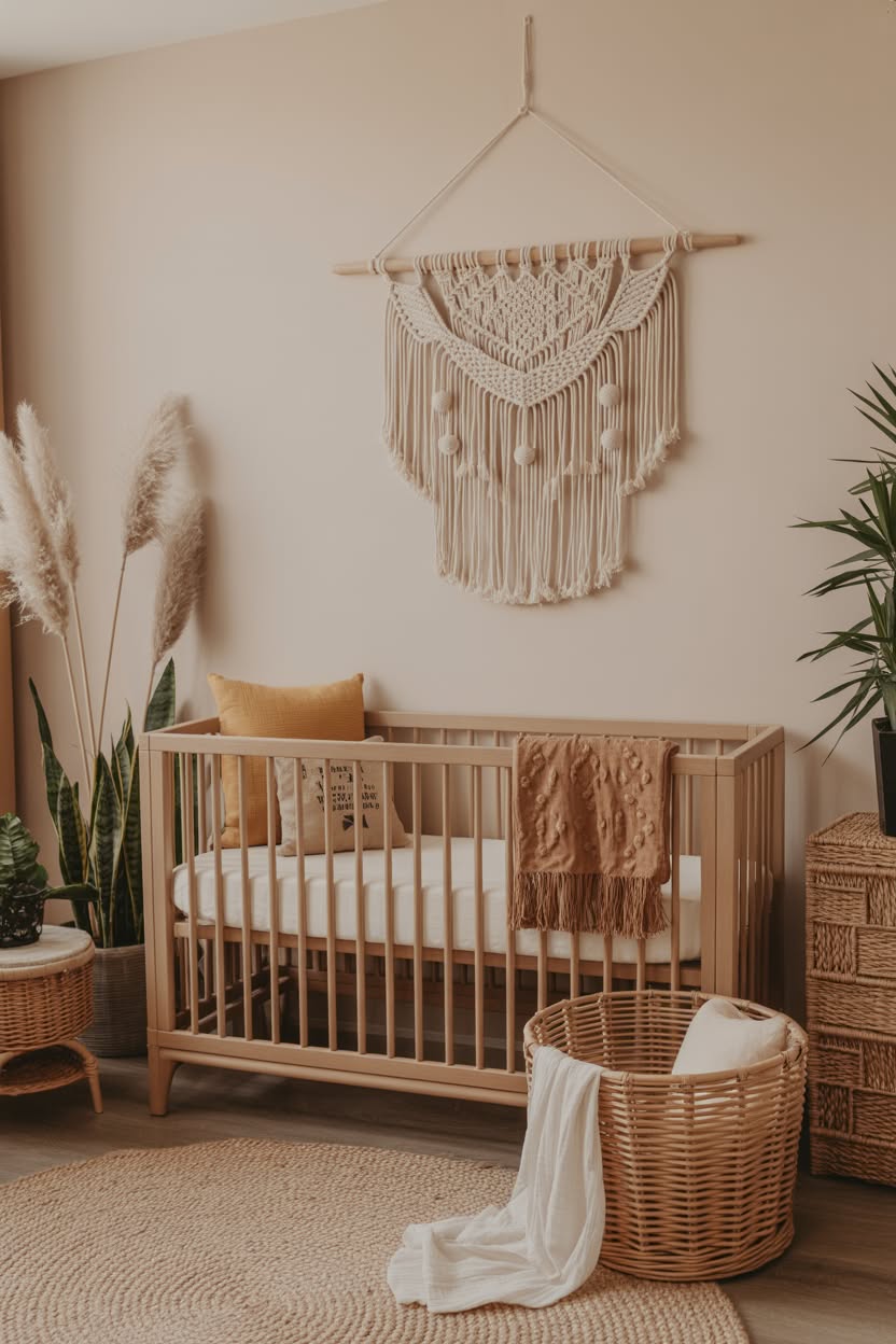 Scandinavian nursery with white crib, natural wood legs, and mustard yellow accent textiles