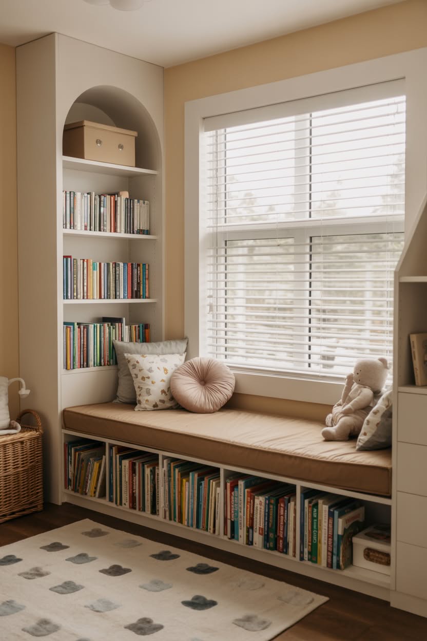 Built-in window seat reading nook with arched alcove, book storage, and cushioned seating in nursery