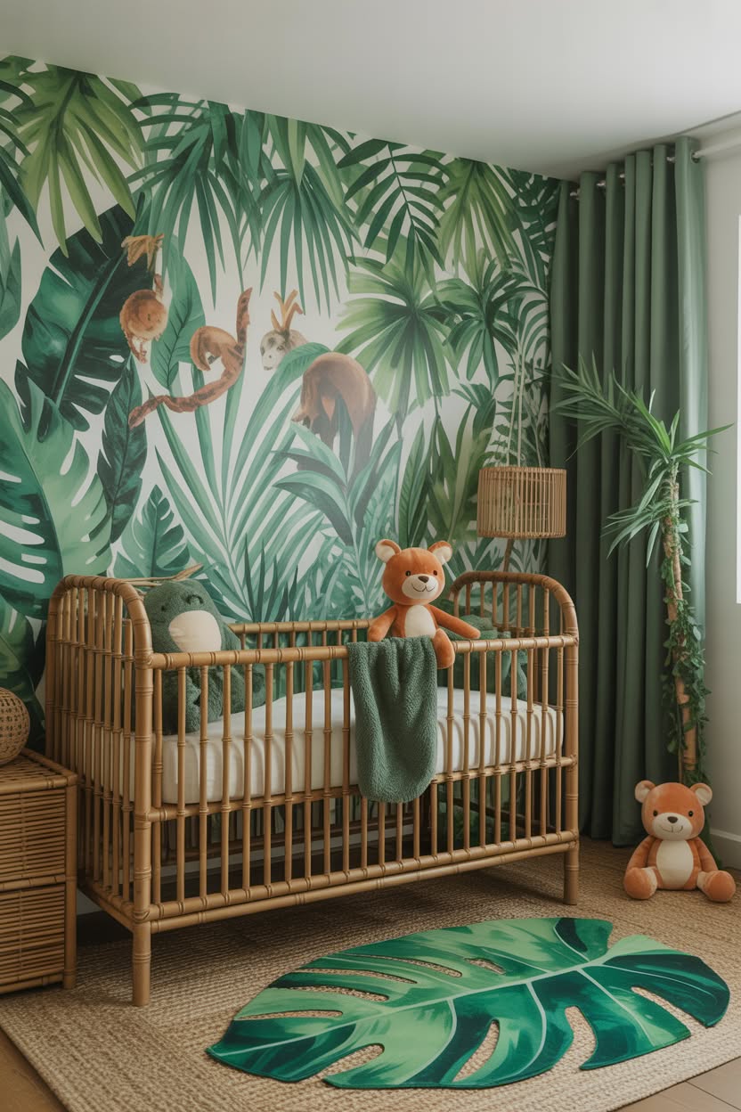 Tropical jungle themed nursery with bamboo crib, palm leaf wallpaper mural, and playful monkey decals