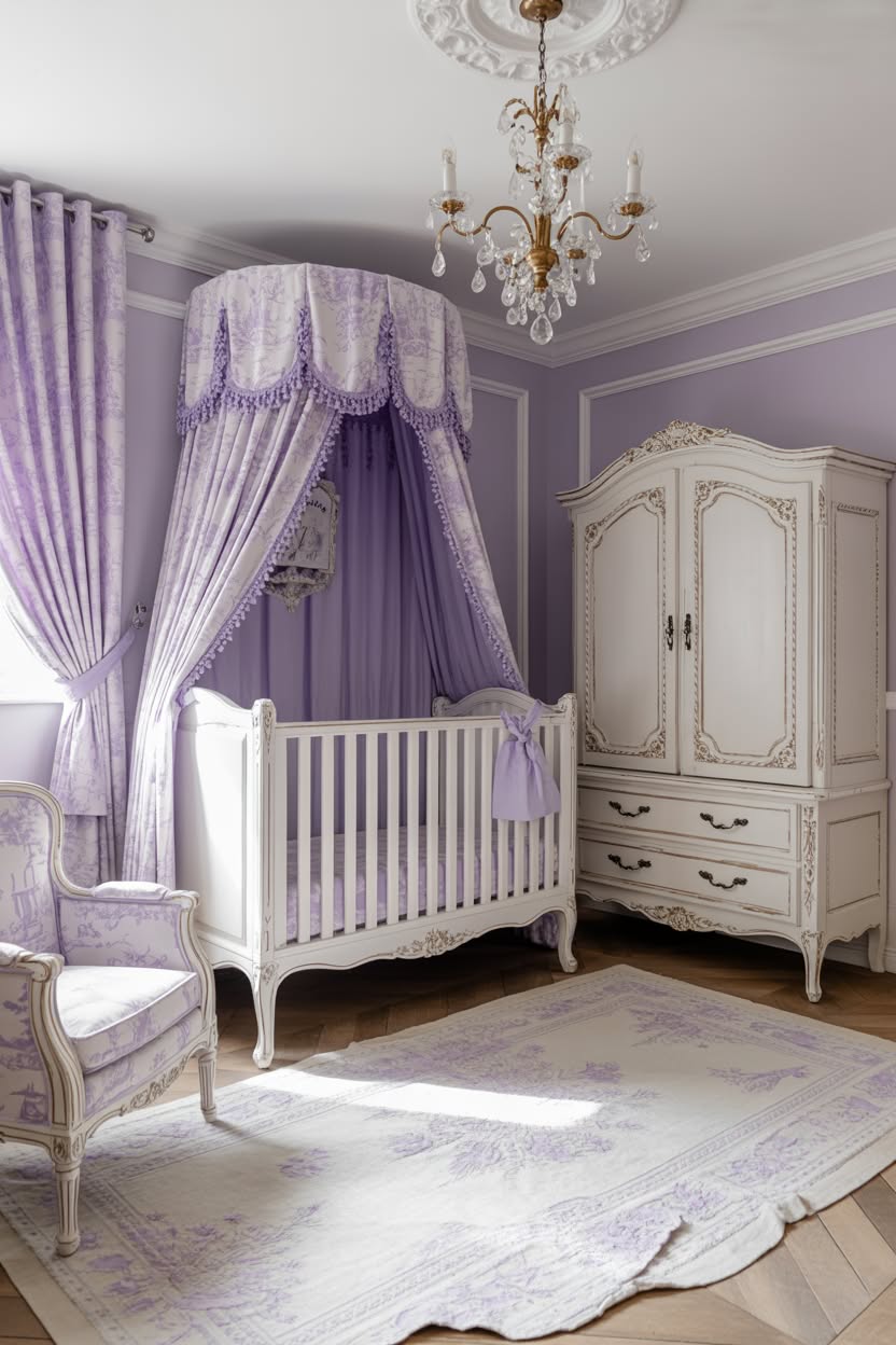 Lavender princess nursery with ornate white crib, crystal chandelier, and romantic canopy draping