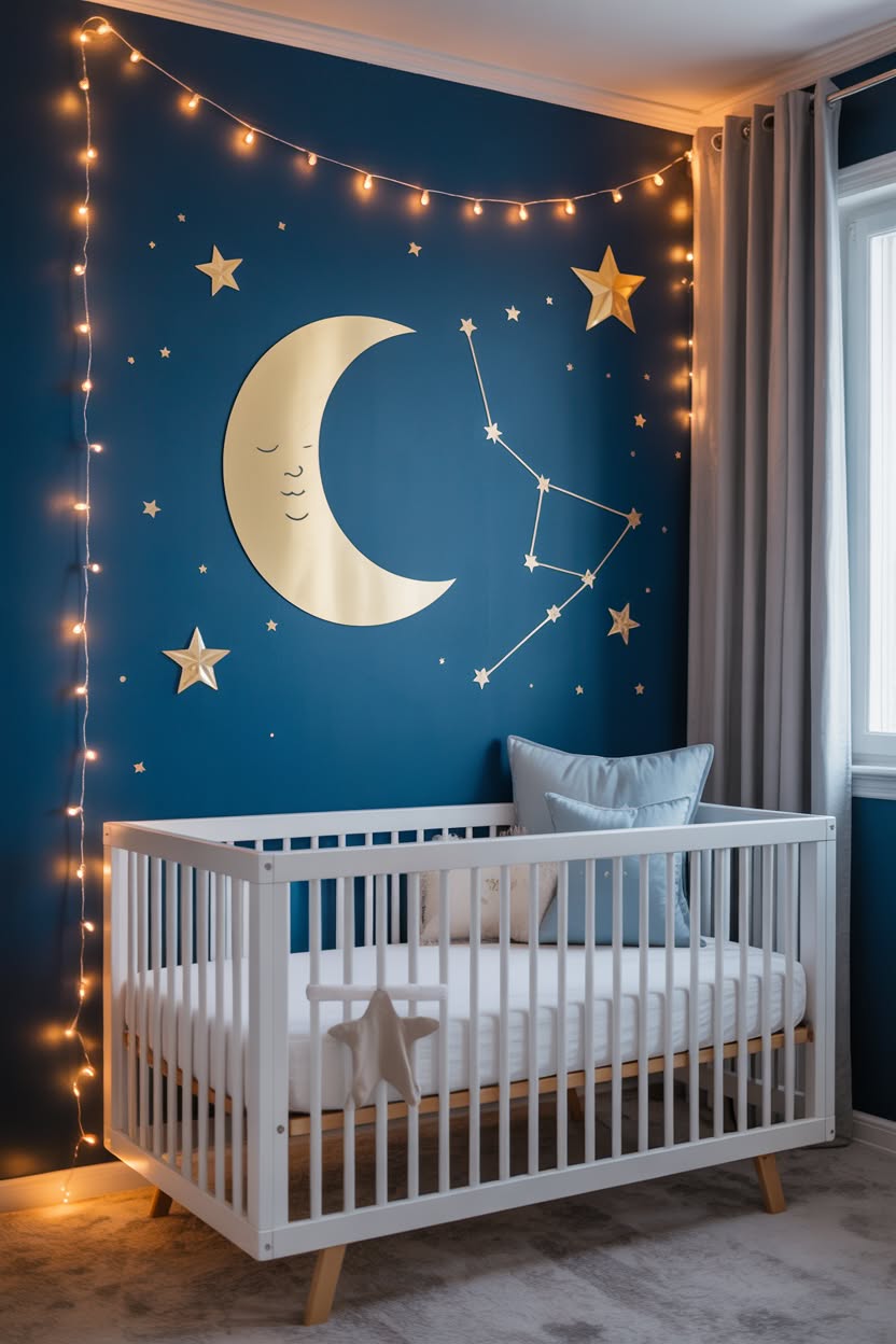 Navy celestial nursery with sleeping moon wall art, constellation decals, and twinkling string lights