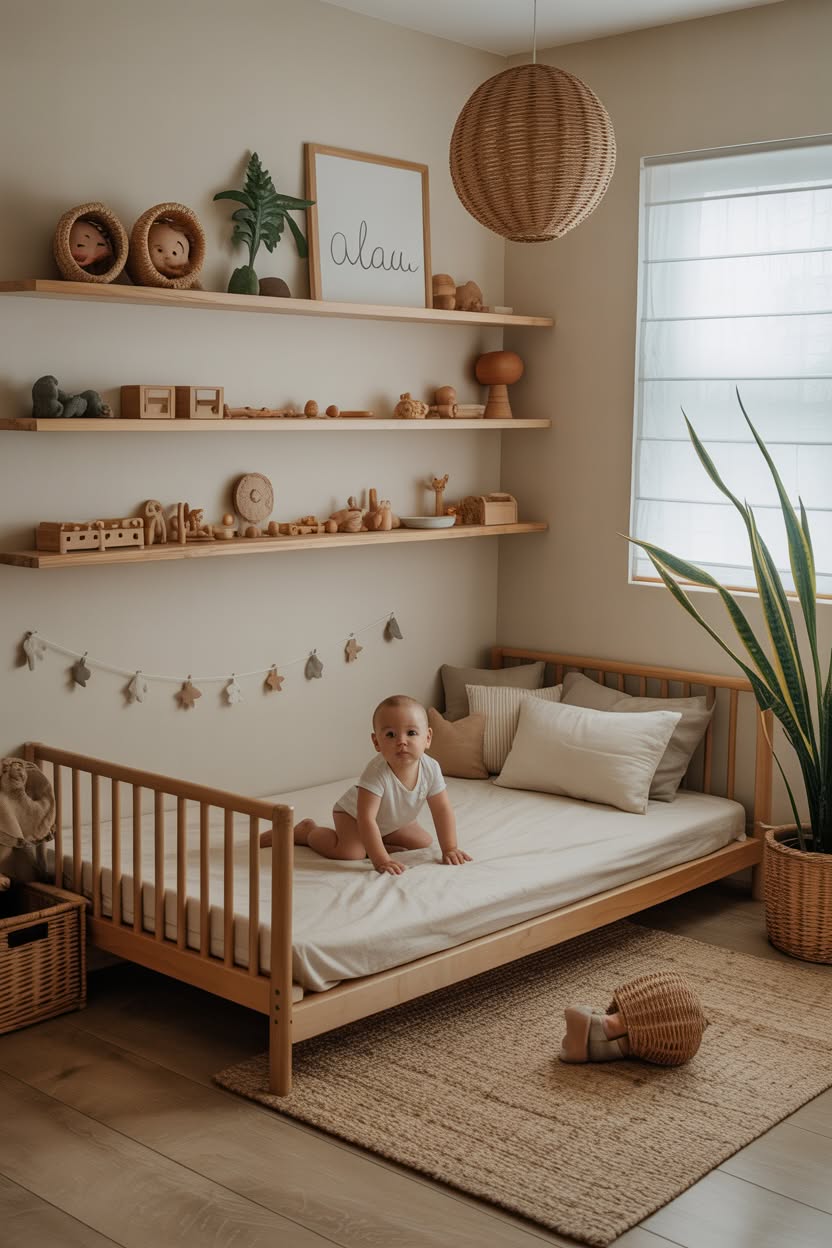 Minimalist neutral nursery with natural wood shelving, woven pendant light, and earthy decor accents