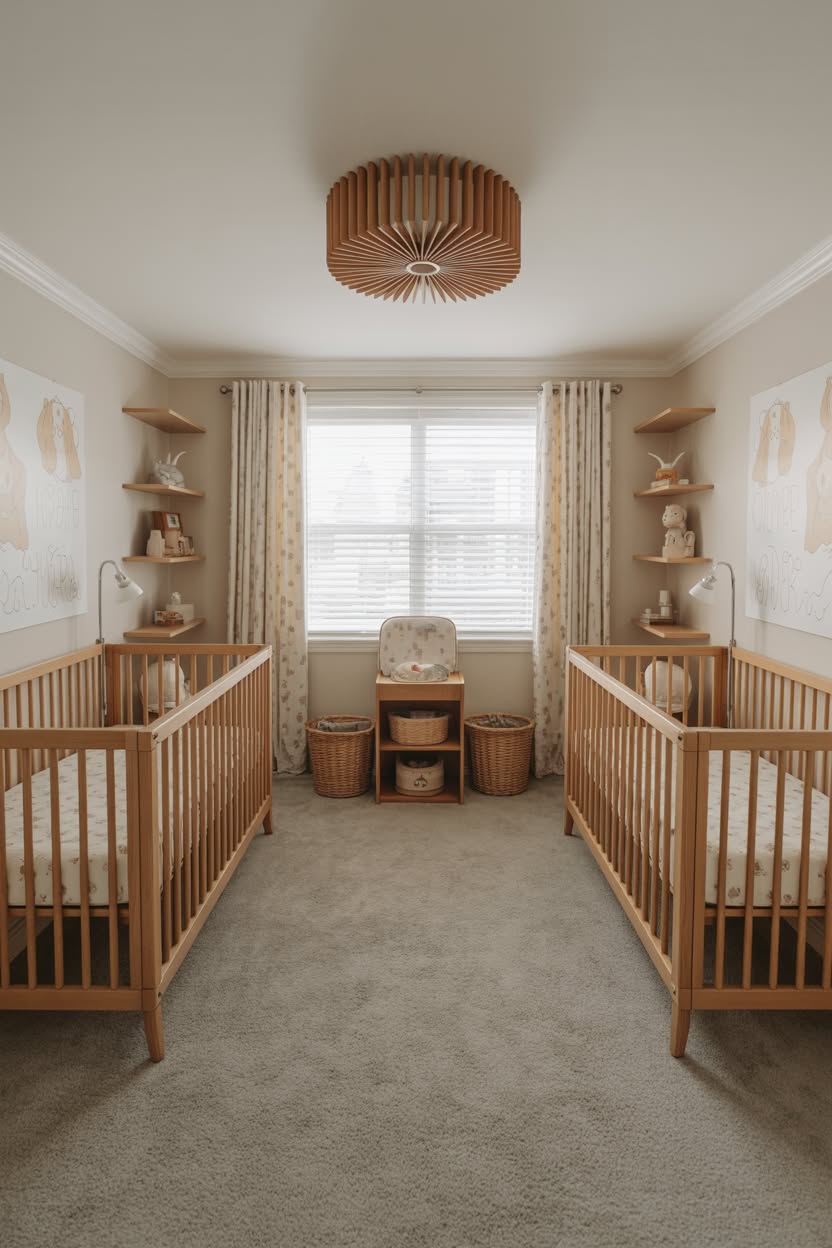 Montessori floor bed nursery with low wooden bed frame, natural shelving, and baby-safe design