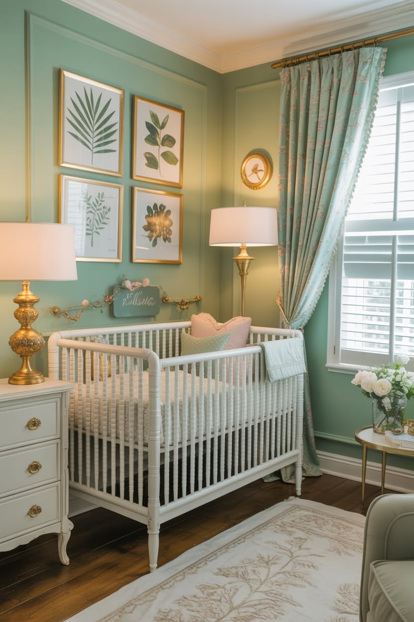 Twin nursery with matching wooden cribs, symmetrical floating shelves, and coordinated neutral decor