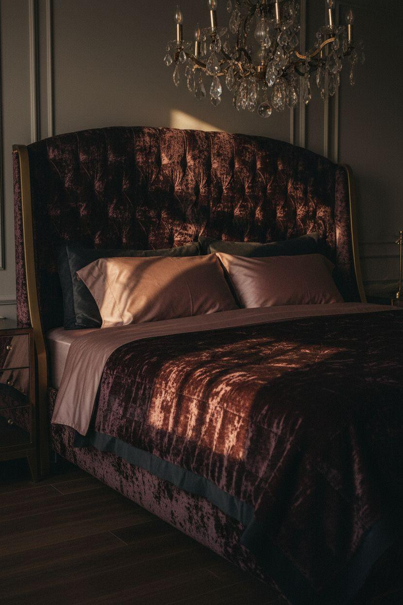 Dark feminine bedroom with opulent velvet boudoir