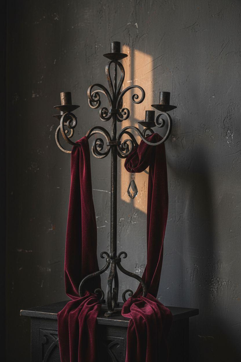 Dark feminine bedroom with ornate gothic candelabra