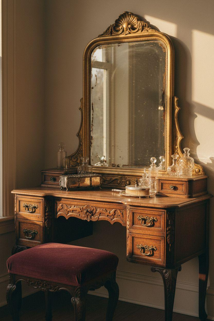 Vanity Ideas Bedroom - ornate vintage mahogany vanity with gilded mirror