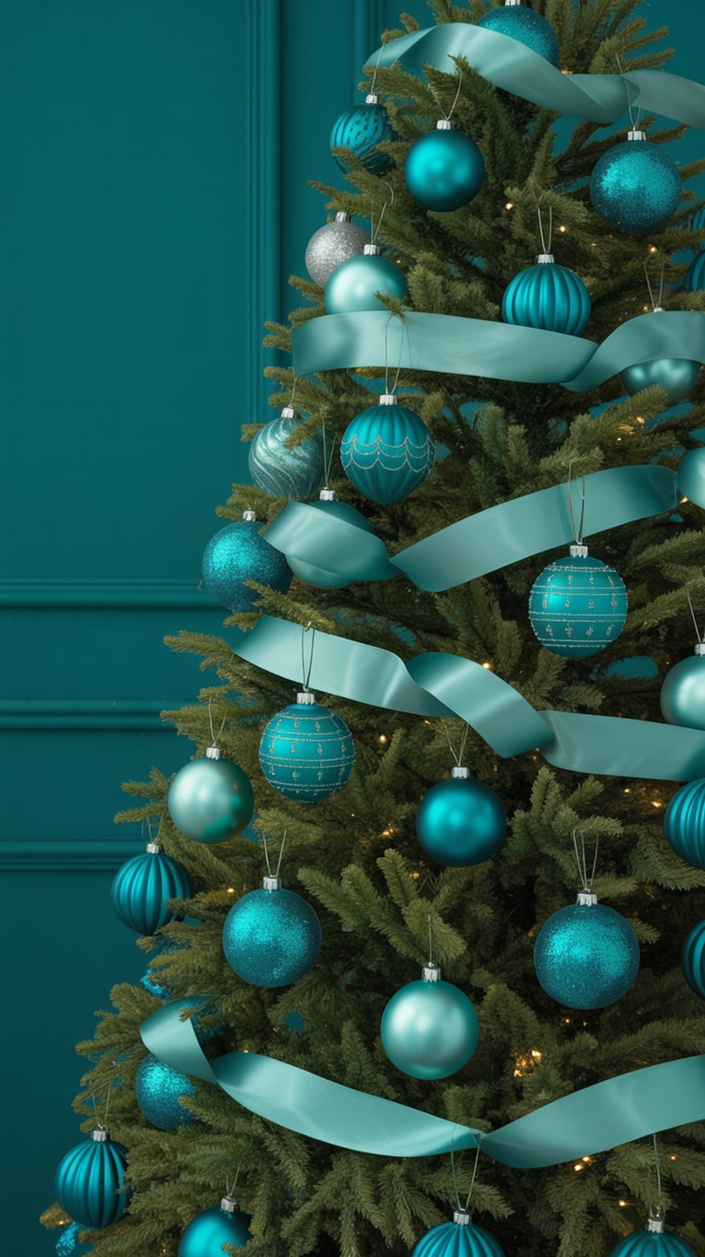 A Christmas tree decorated with teal and turquoise ornaments and ribbons.