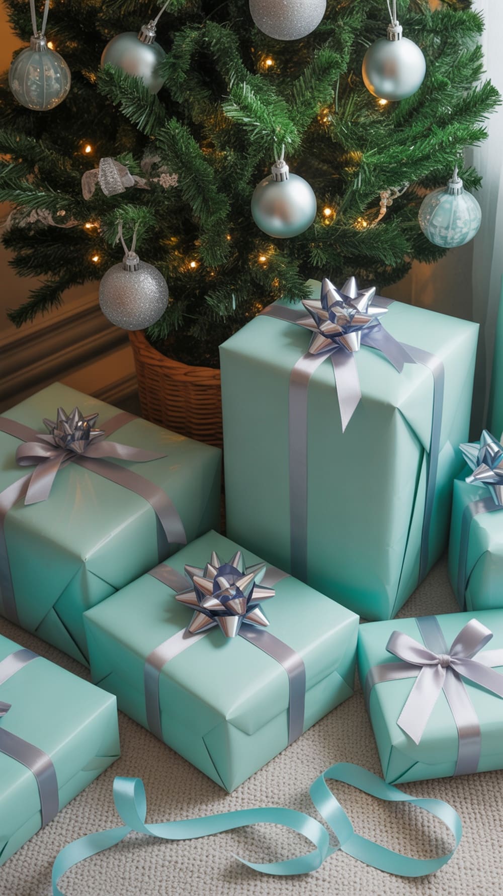 Pastel blue wrapped gifts with silver ribbons under a Christmas tree