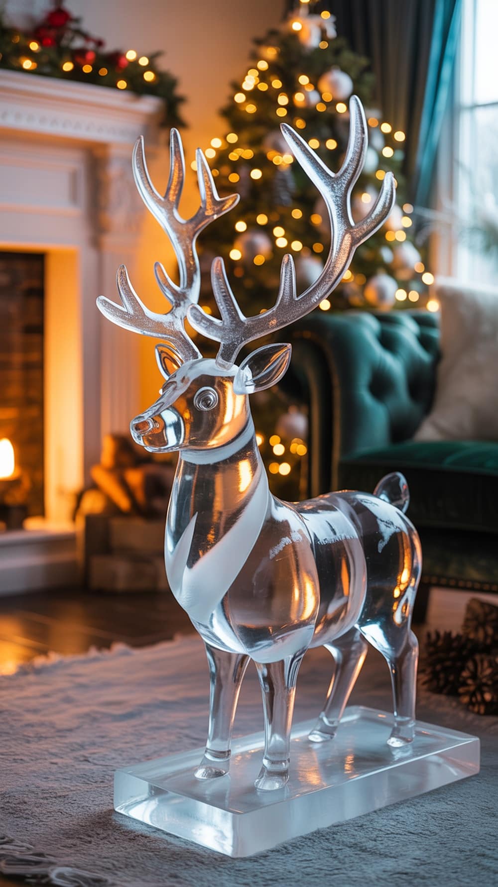 A cozy living room with blue holiday art on the wall and a decorated Christmas tree.