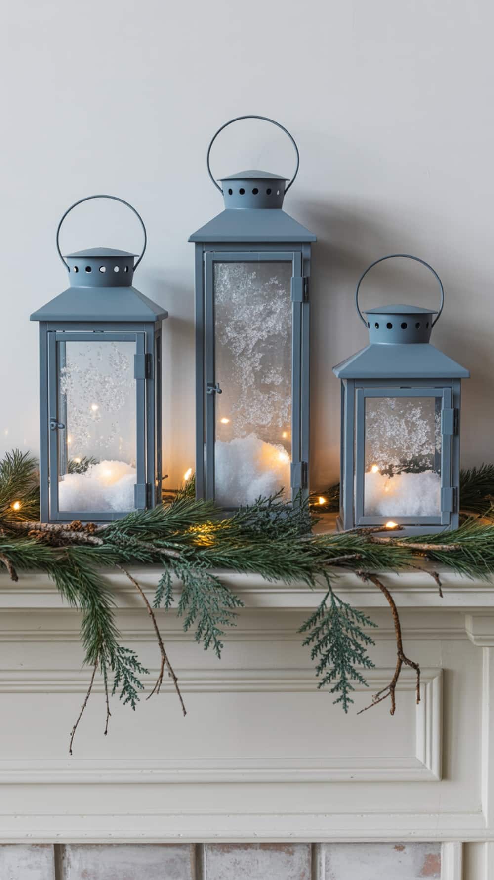 Three blue lanterns filled with faux snow and warm lights, placed on a mantel with greenery.